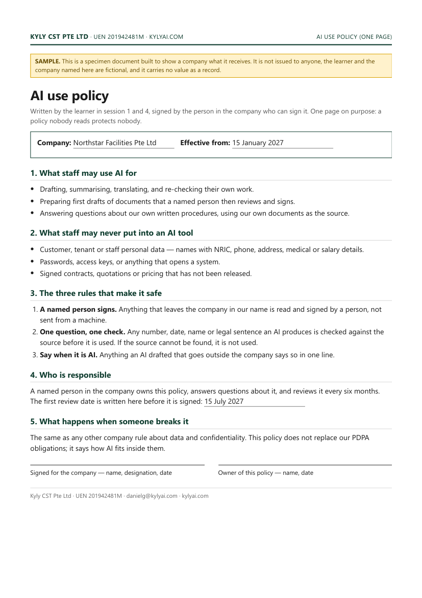 Sample one-page AI use policy a company signs in its own name