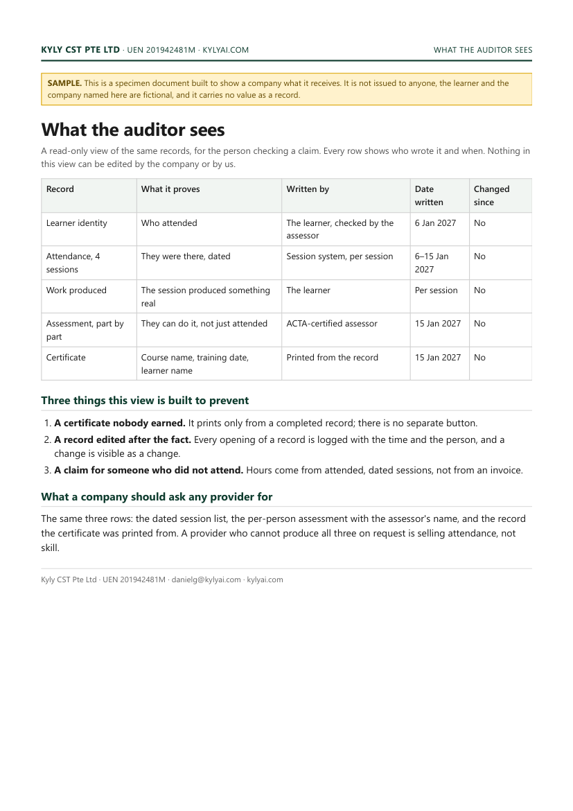 Sample read-only auditor view showing which record answers which question and who wrote it
