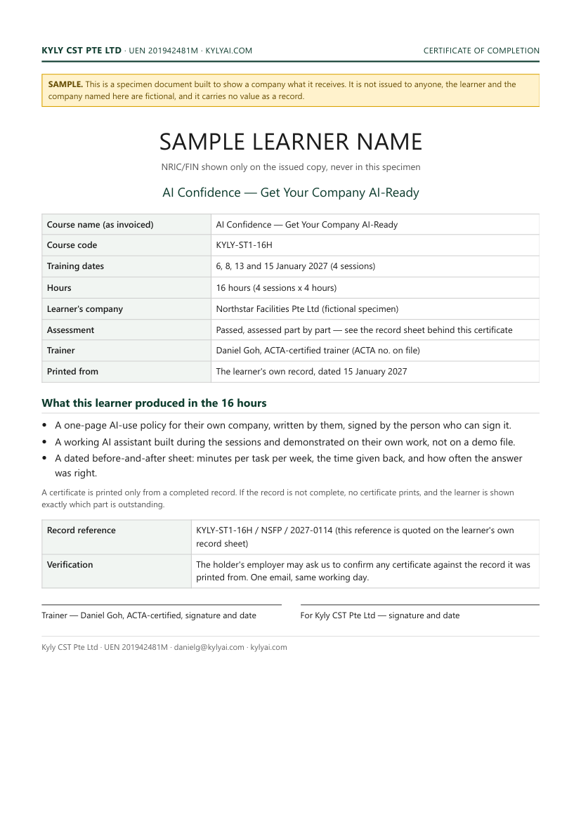 Sample certificate of completion with course, dates, hours, assessment result and trainer