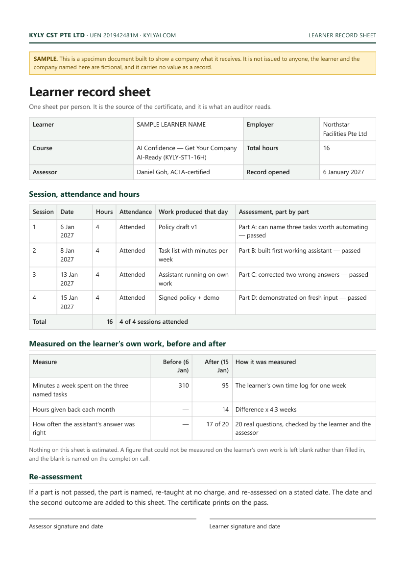 Sample learner record sheet showing dated sessions, hours attended, work produced and assessment marked part by part