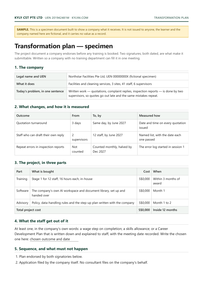 Sample project document with measured outcomes, cost and two signature blocks